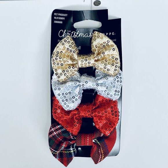 Set of 4 Dog Holiday BOWS Christmas Holiday Gold Silver Sequin Tartan Plaid - Picture 1 of 4